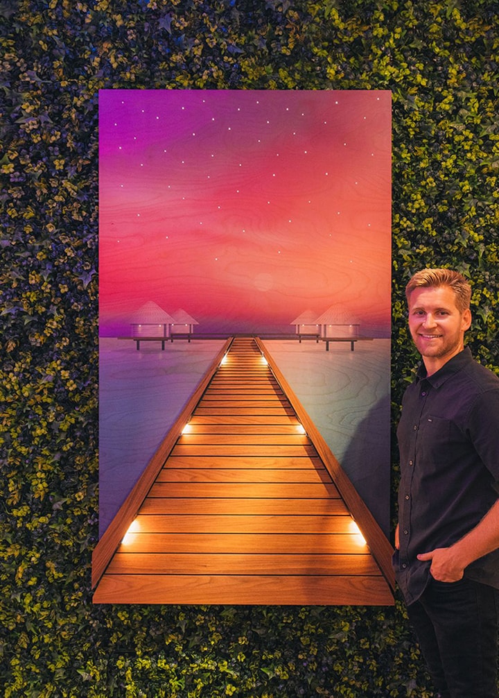 Shaun Thomas' New Bora Bora Series Piece Tahiti art, Shaun Thomas, Bora Bora overwater bungalow, wooden wall art sculpture,