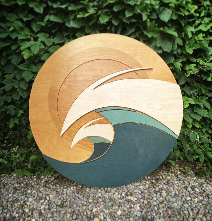 "Morning Peaks" circular wave sculpture by Shaun Thomas wood wall sculptures, wave sculpture, modern surf art, coastal sculptures