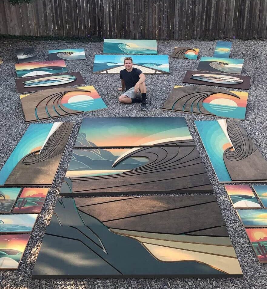 modern wave art, shaun Thomas, wood wall sculptures, wood wave carvings, coastal wall sculptures