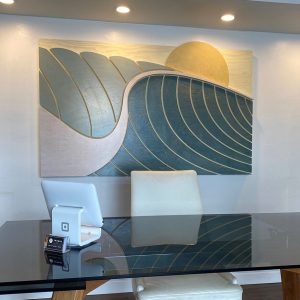 wood wave sculpture, modern surf art