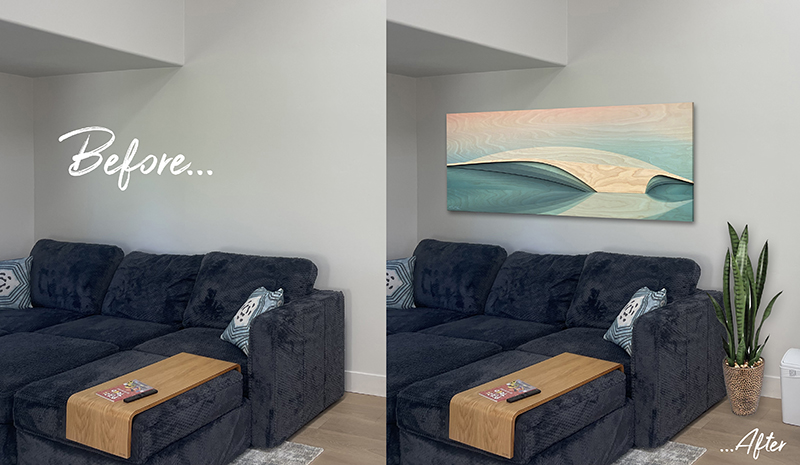 Before & After renderings of Shaun Thomas Wave Sculptures Ocean Wave Art, wave sculpture, modern coastal art, coastal wall sculptures, wooden wall art